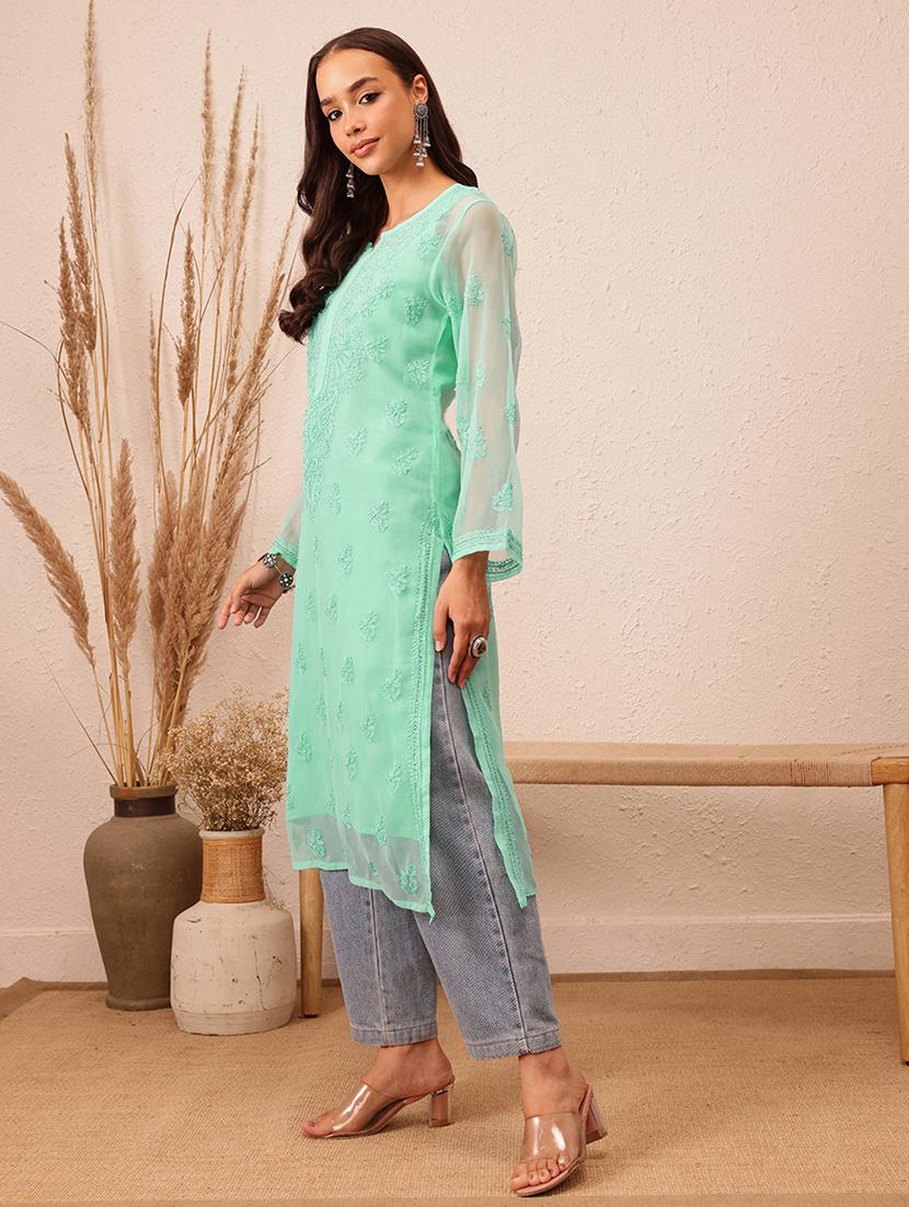 women long sleeve straight chikankari kurta - 21729625 - Standard Image - 1