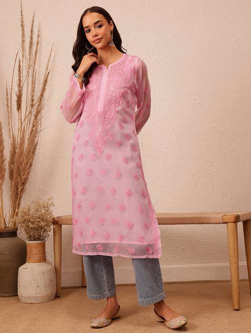 women chikankari work notch neck straight kurta - 21729628 - Standard Image - 0