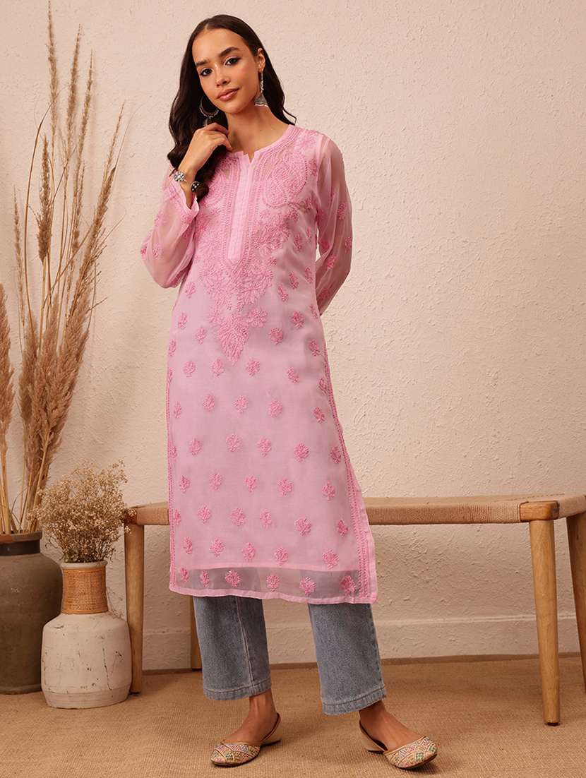 women chikankari work notch neck straight kurta - 21729628 - Zoom Image - 0