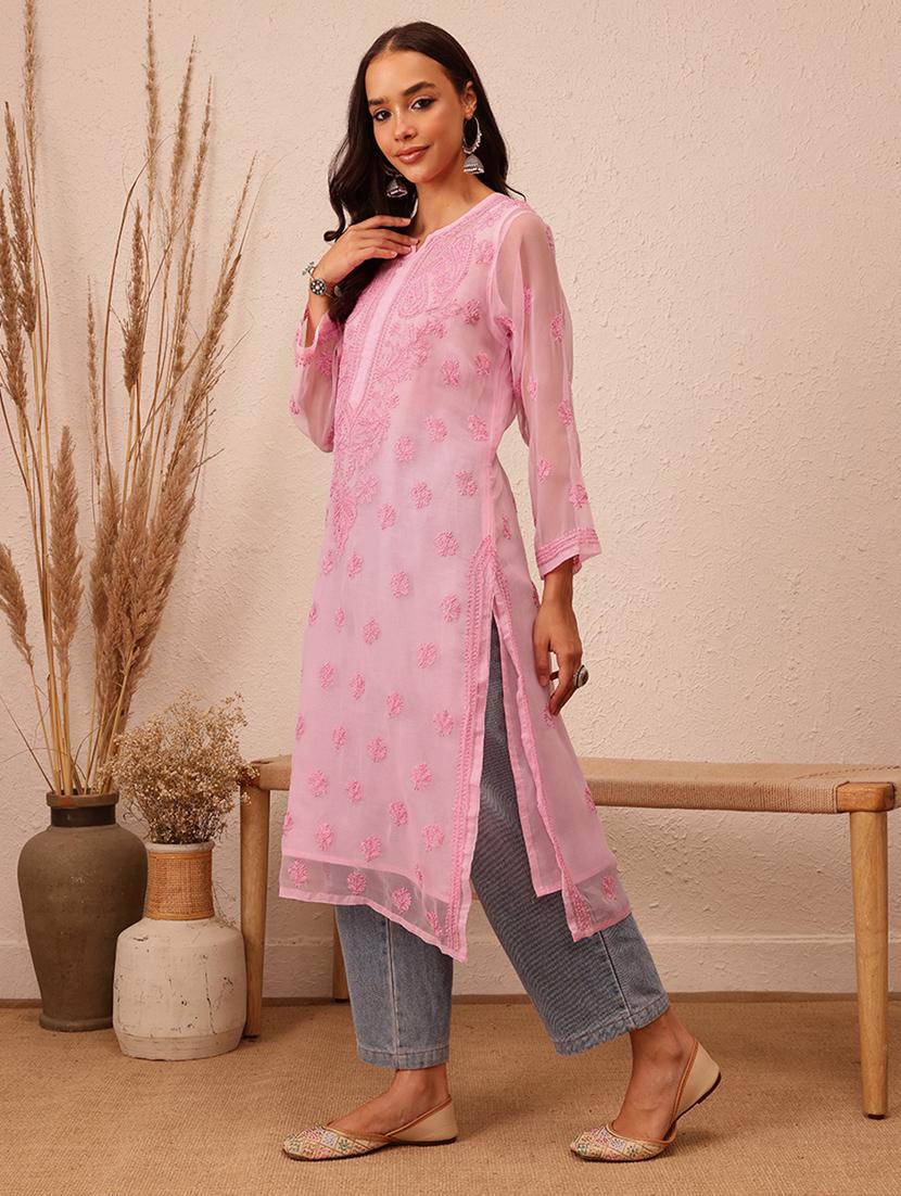 women chikankari work notch neck straight kurta - 21729628 - Standard Image - 1