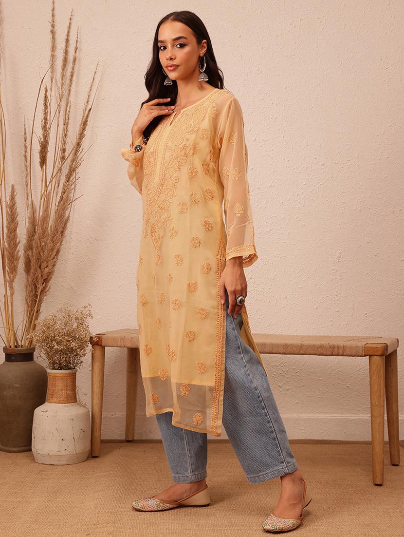 women long sleeve straight chikankari kurta - 21729629 - Standard Image - 1