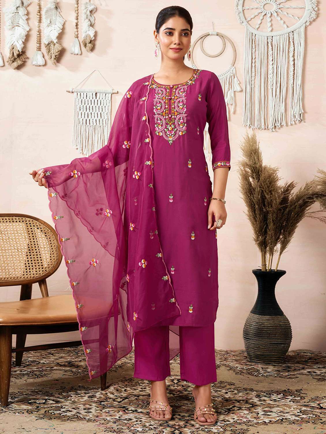 women embroidered kurta pant set with duaptta