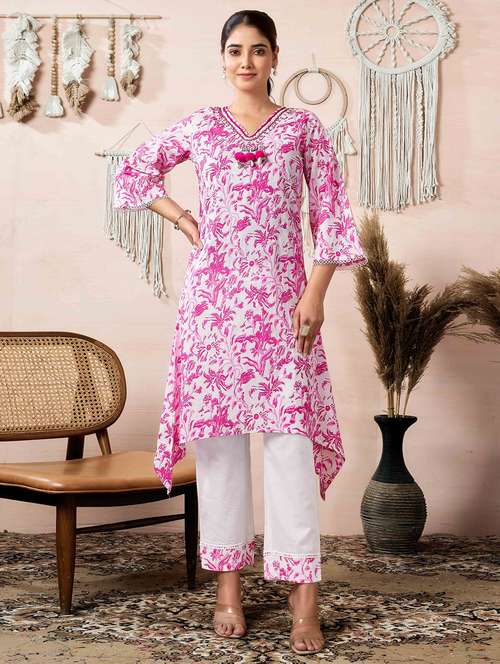 women floral v neck asymmetric kurta - 21729654 -  Standard Image - 0