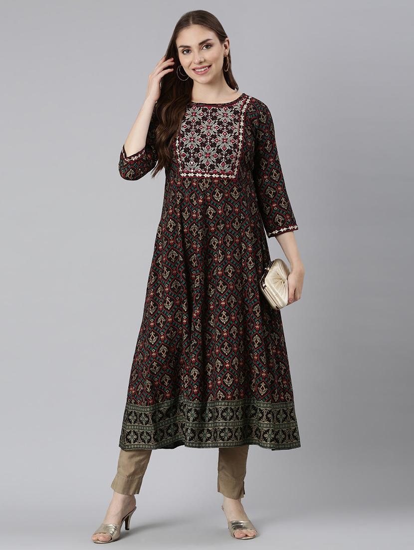 women round neck printed anarkali kurta - 21729694 - Standard Image - 4