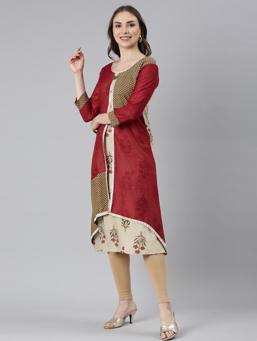 women round neck printed layered kurta - 21729704 -  Standard Image - 1
