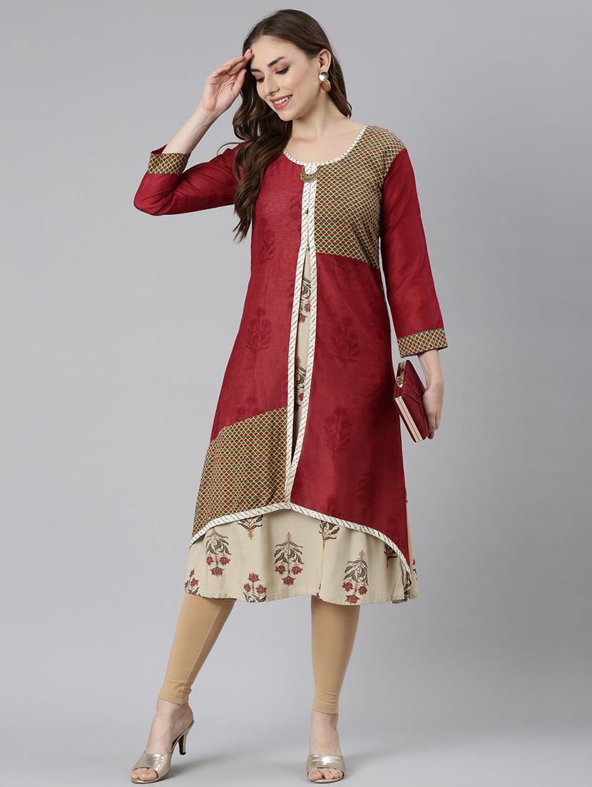 women round neck printed layered kurta - 21729704 - Standard Image - 4