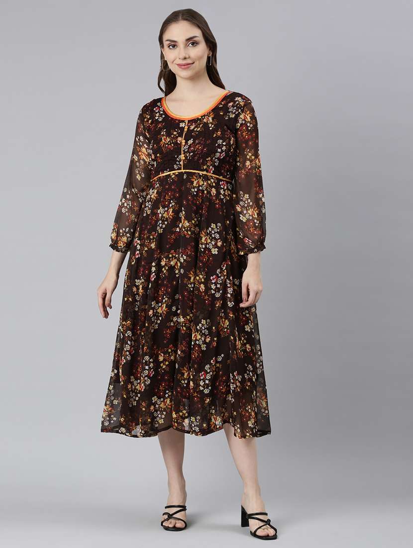 women round neck floral printed fit & flare ethnic dress