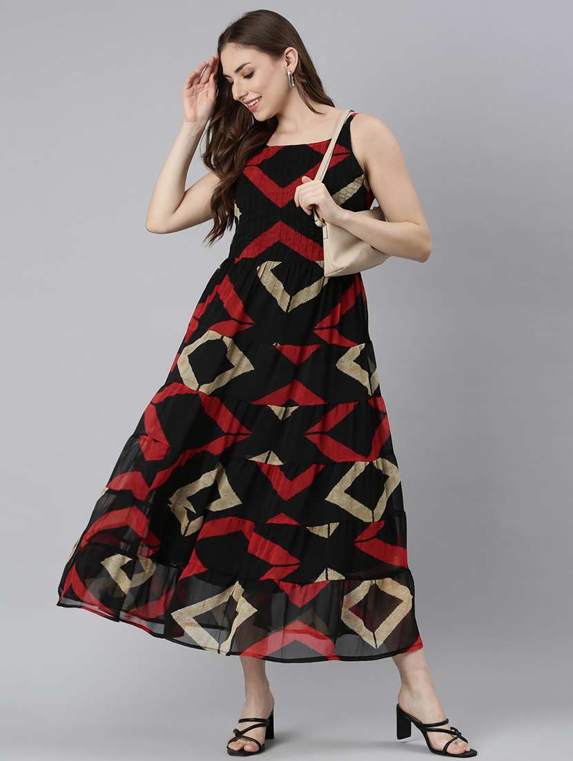 women square neck printed tiered ethnic dress