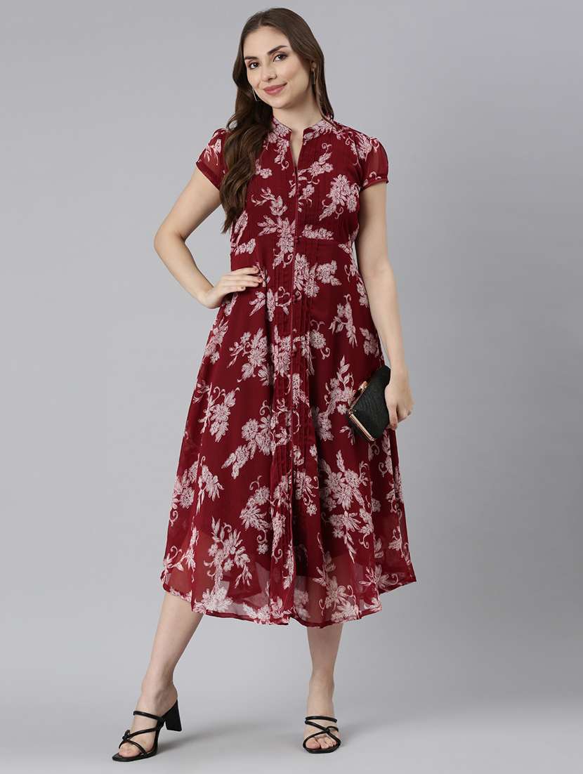 women maroon floral printed short sleeve a-line dress - 21729710 -  Standard Image - 1