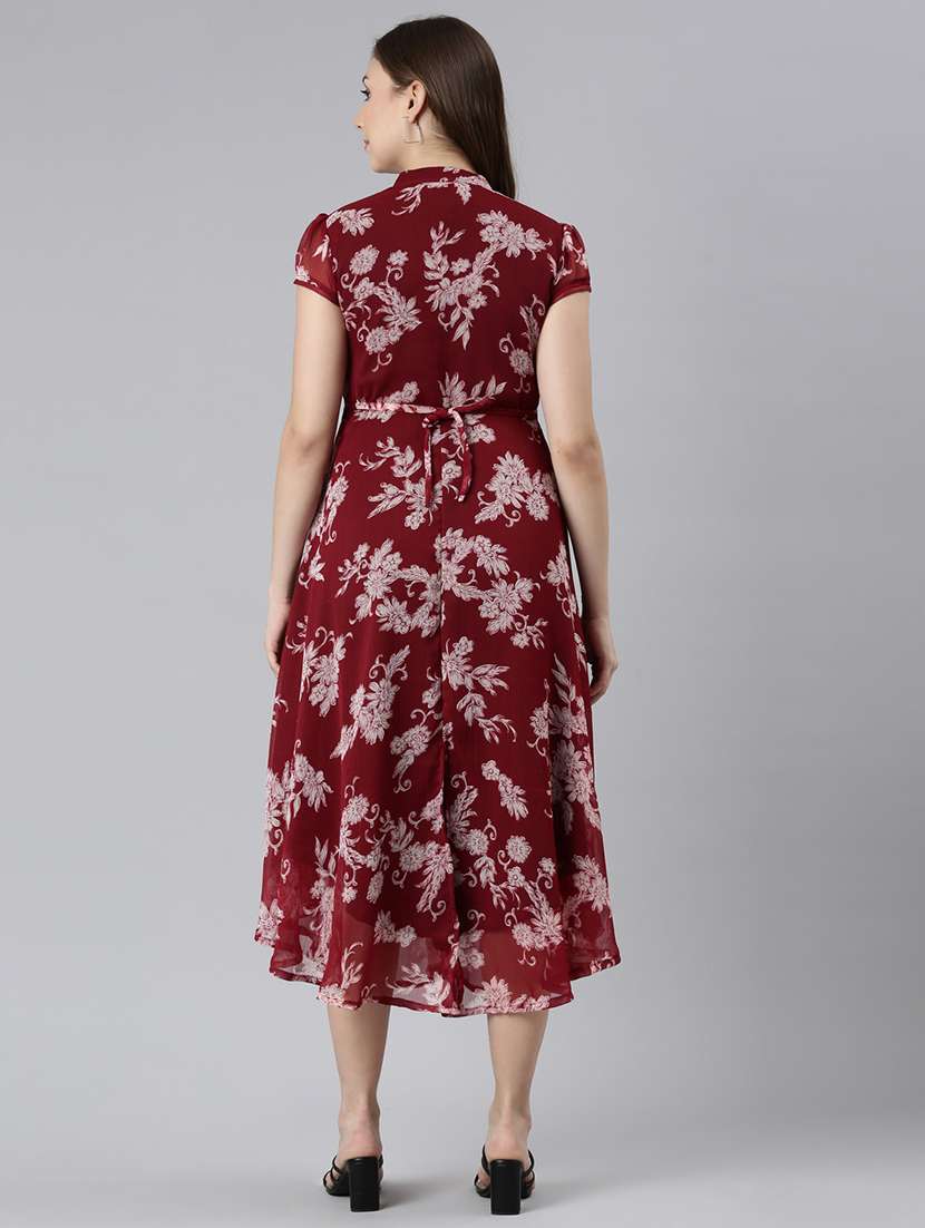 women maroon floral printed short sleeve a-line dress - 21729710 -  Standard Image - 4