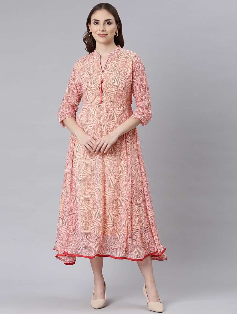 women peach printed three quarter sleeve a-line ethnic dress - 21729713 -  Standard Image - 1