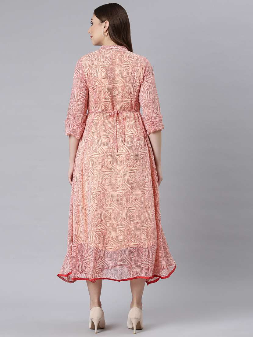 women peach printed three quarter sleeve a-line ethnic dress - 21729713 -  Standard Image - 4