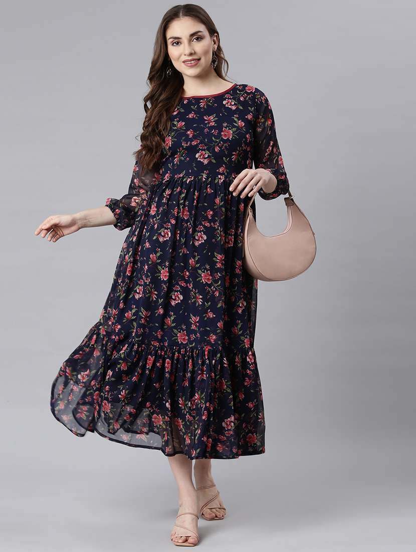 women floral printed round neck tiered dress