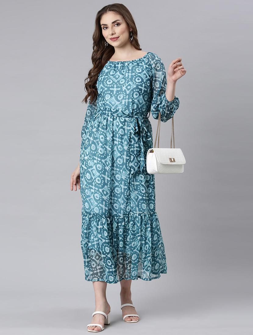 women blue three quarter sleeve tiered dress - 21729718 - Zoom Image - 0