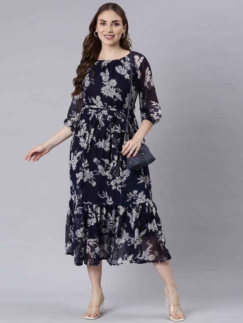 women navy blue three quarter sleeve tiered dress - 21729719 - Zoom Image - 0