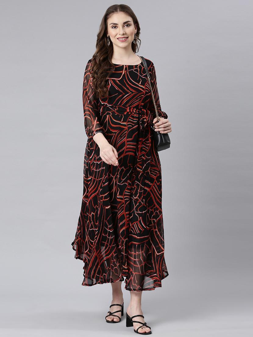 women black three quarter sleeve fit & flare dress - 21729720 - Standard Image - 1