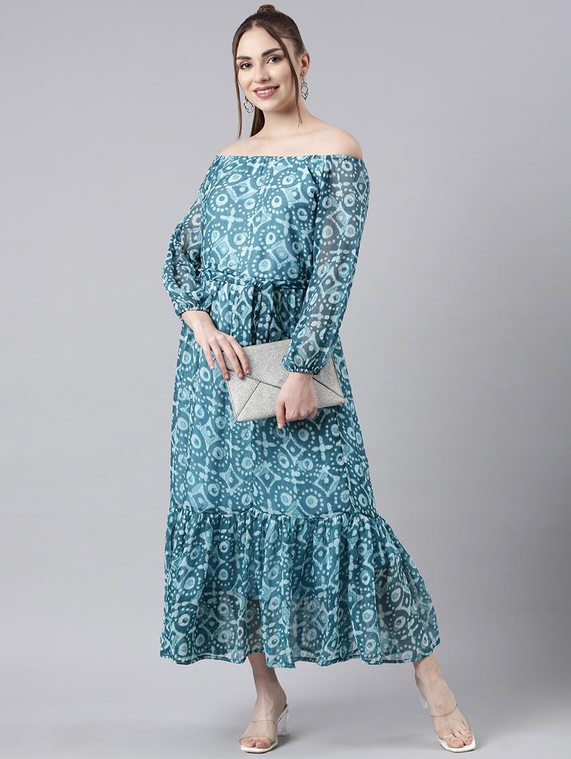 women blue printed off shoulder maxi tiered dress - 21729737 - Zoom Image - 0