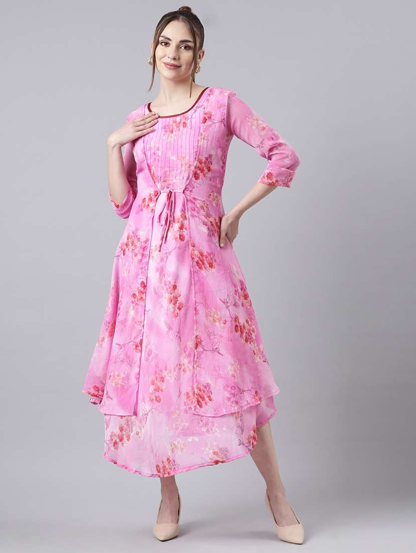 women pink three quarter sleeve a-line dress - 21729738 - Standard Image - 1