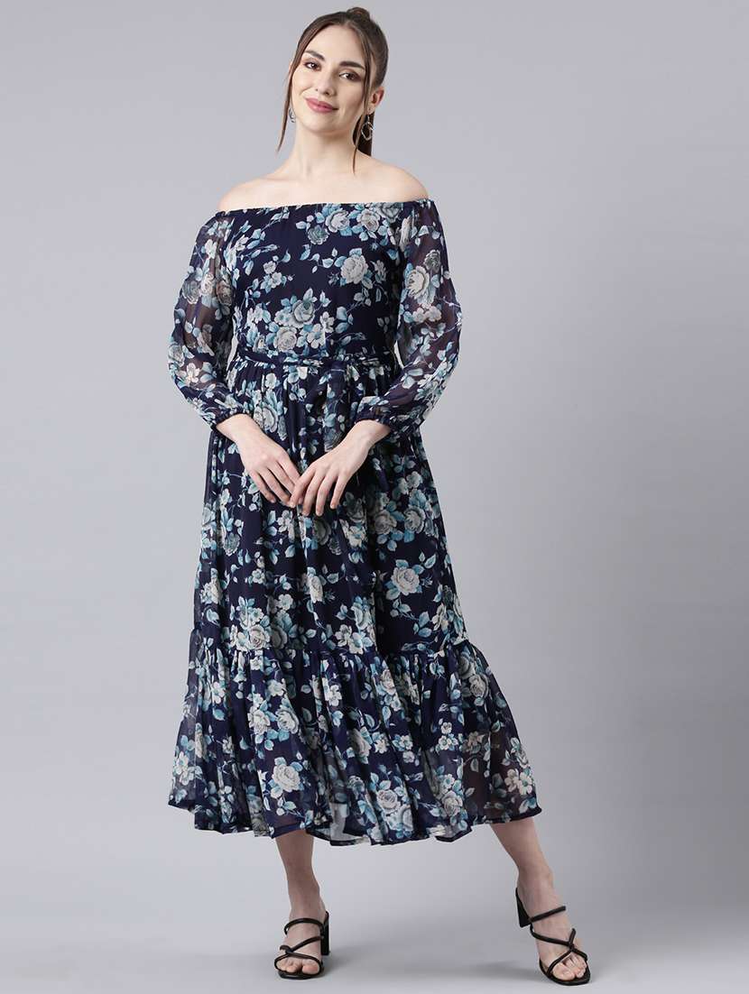 women navy blue floral printed off shoulder tiered dress - 21729739 -  Standard Image - 1