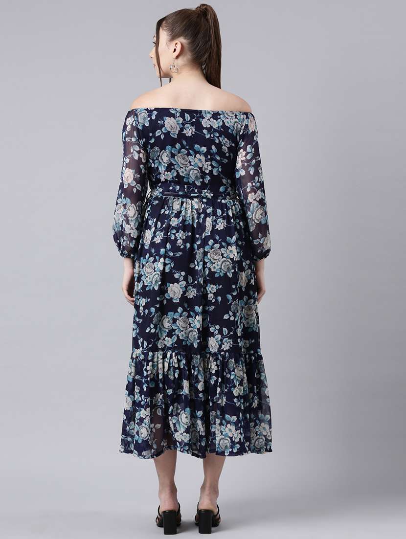 women navy blue floral printed off shoulder tiered dress - 21729739 -  Standard Image - 4