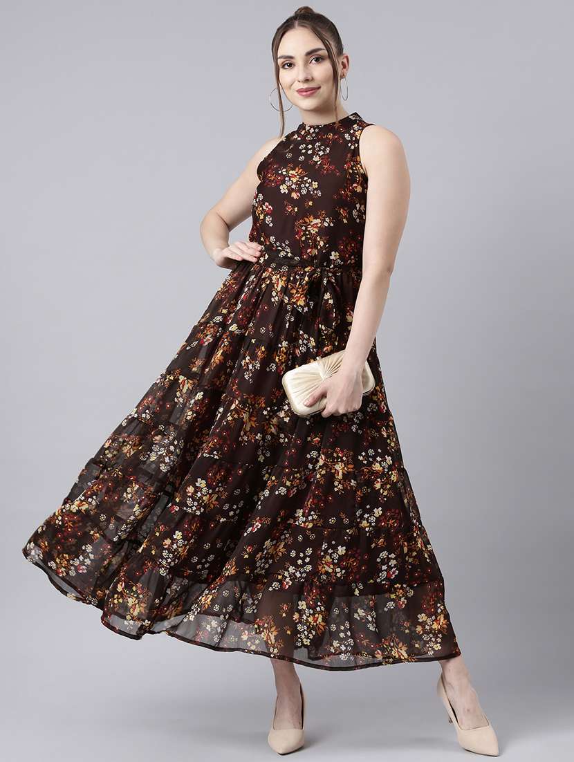 women brown floral printed fit & flare maxi dress