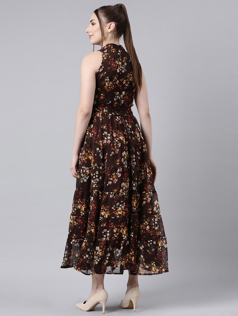 women brown floral printed fit & flare maxi dress - 21729742 - Standard Image - 4