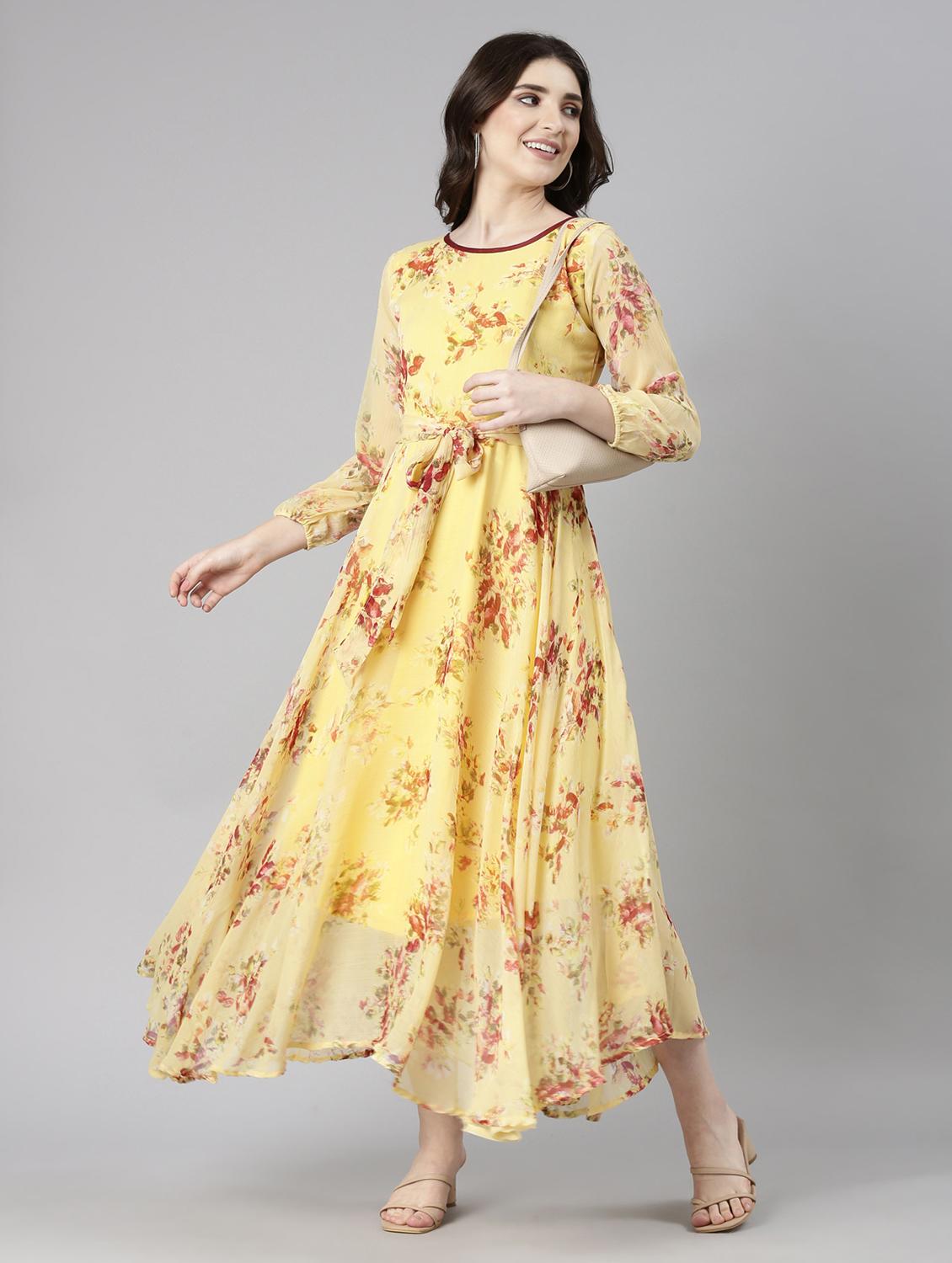 women yellow three quarter sleeve fit & flared dress - 21729748 -  Zoom Image - 0