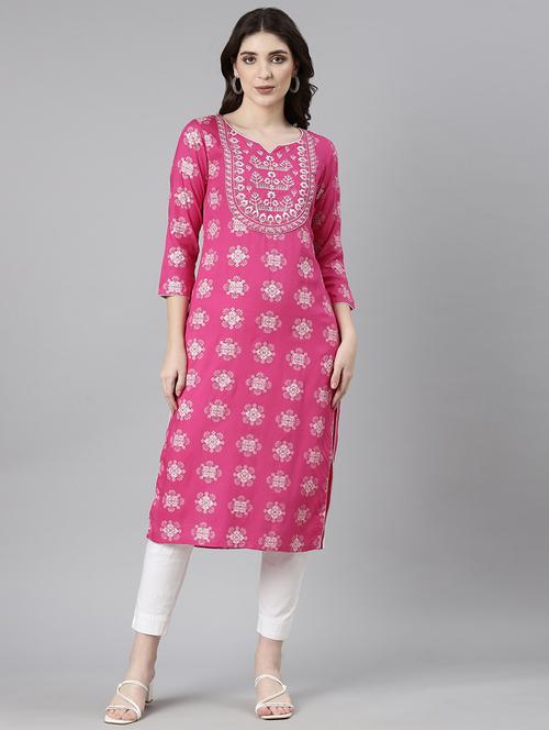 women pink three quarter sleeve straight kurta - 21729755 -  Standard Image - 0