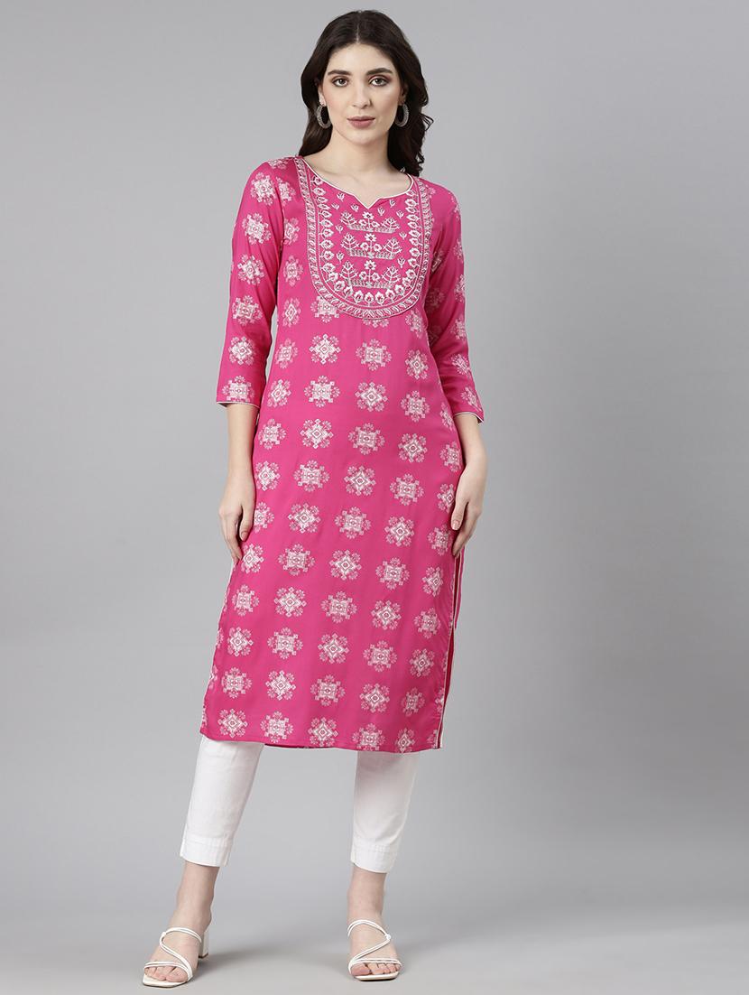 women pink three quarter sleeve straight kurta - 21729755 -  Zoom Image - 0