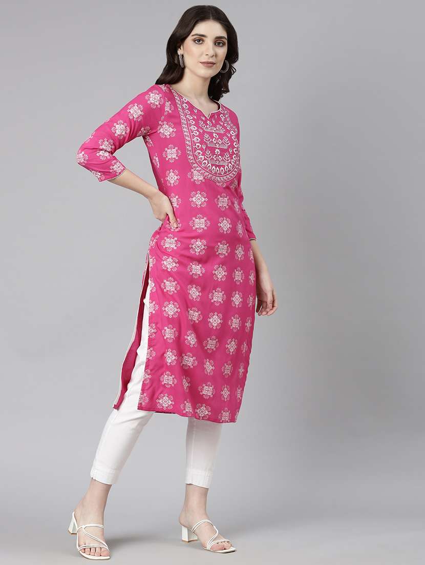 women pink three quarter sleeve straight kurta - 21729756 -  Standard Image - 1