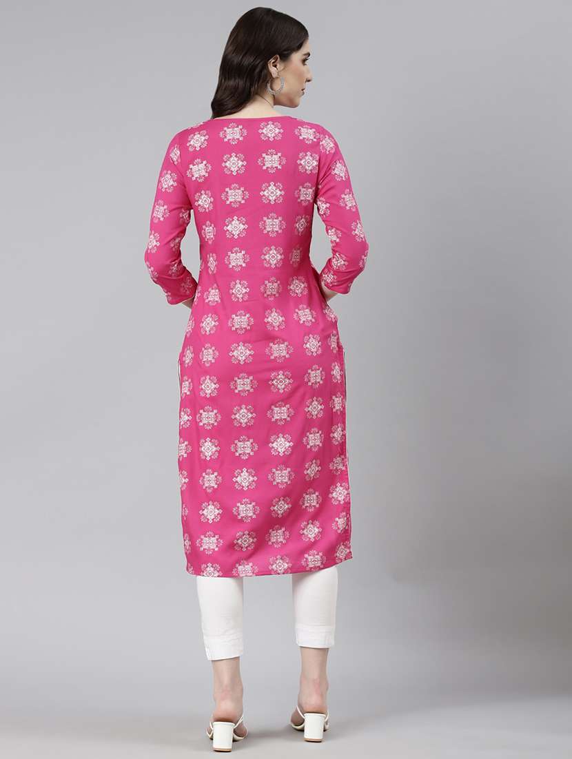 women pink three quarter sleeve straight kurta - 21729756 -  Standard Image - 4