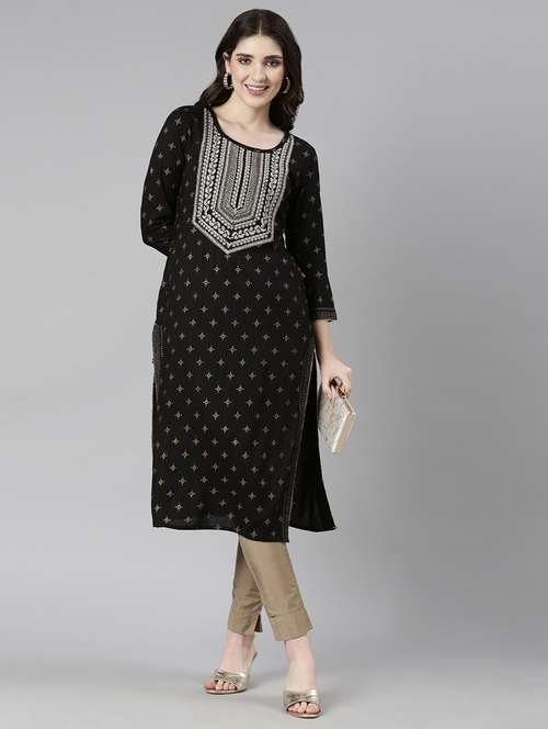 women black three quarter sleeve straight kurta - 21729758 - Standard Image - 0