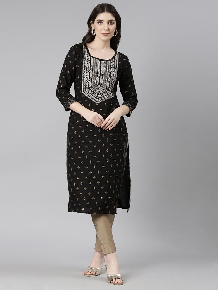women black three quarter sleeve straight kurta - 21729758 - Standard Image - 1