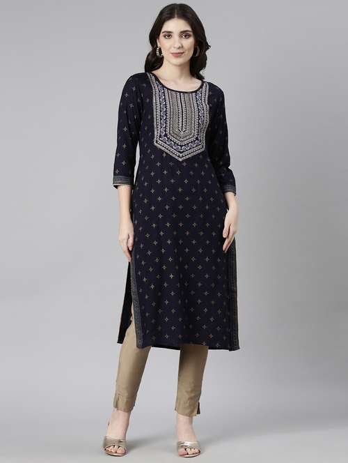 women navy blue three quarter sleeve straight kurta - 21729759 -  Standard Image - 0