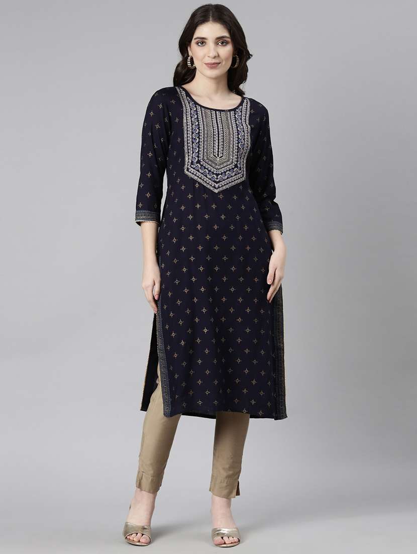 women navy blue three quarter sleeve straight kurta - 21729759 -  Zoom Image - 0