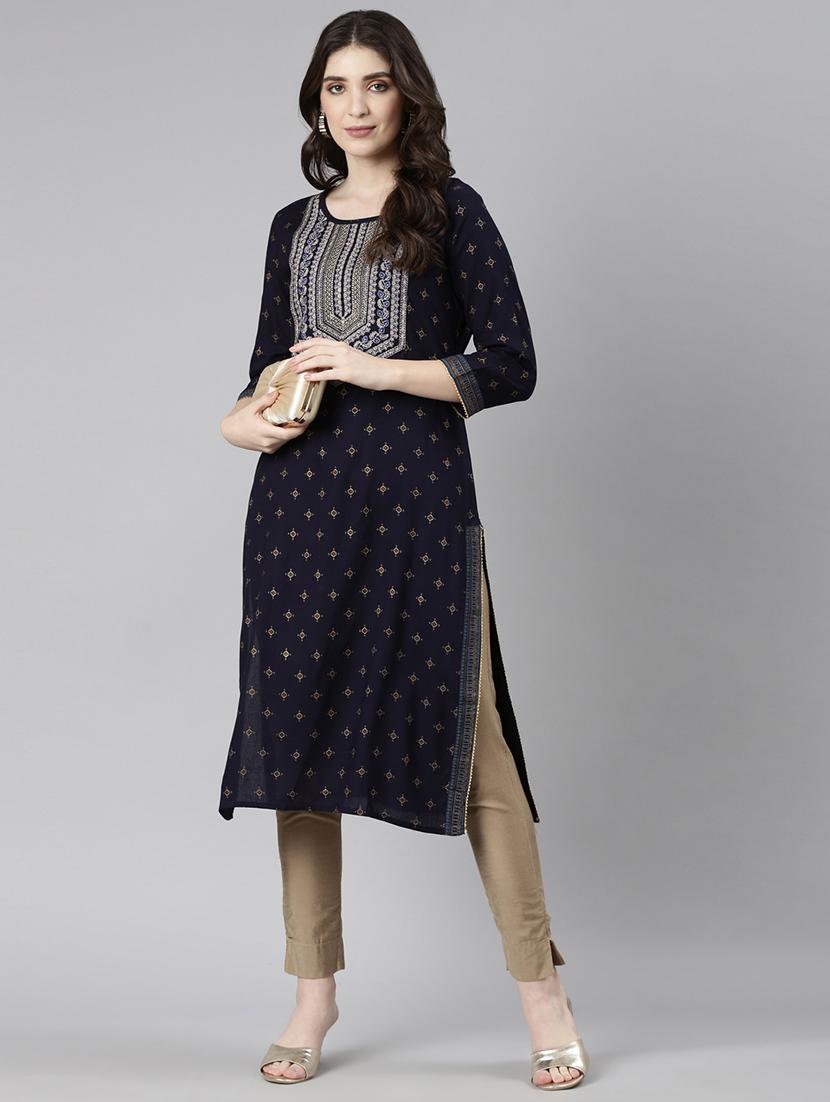 women navy blue three quarter sleeve straight kurta - 21729759 -  Standard Image - 1