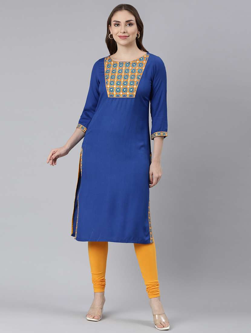 women blue three quarter sleeve straight kurta - 21729764 -  Standard Image - 1