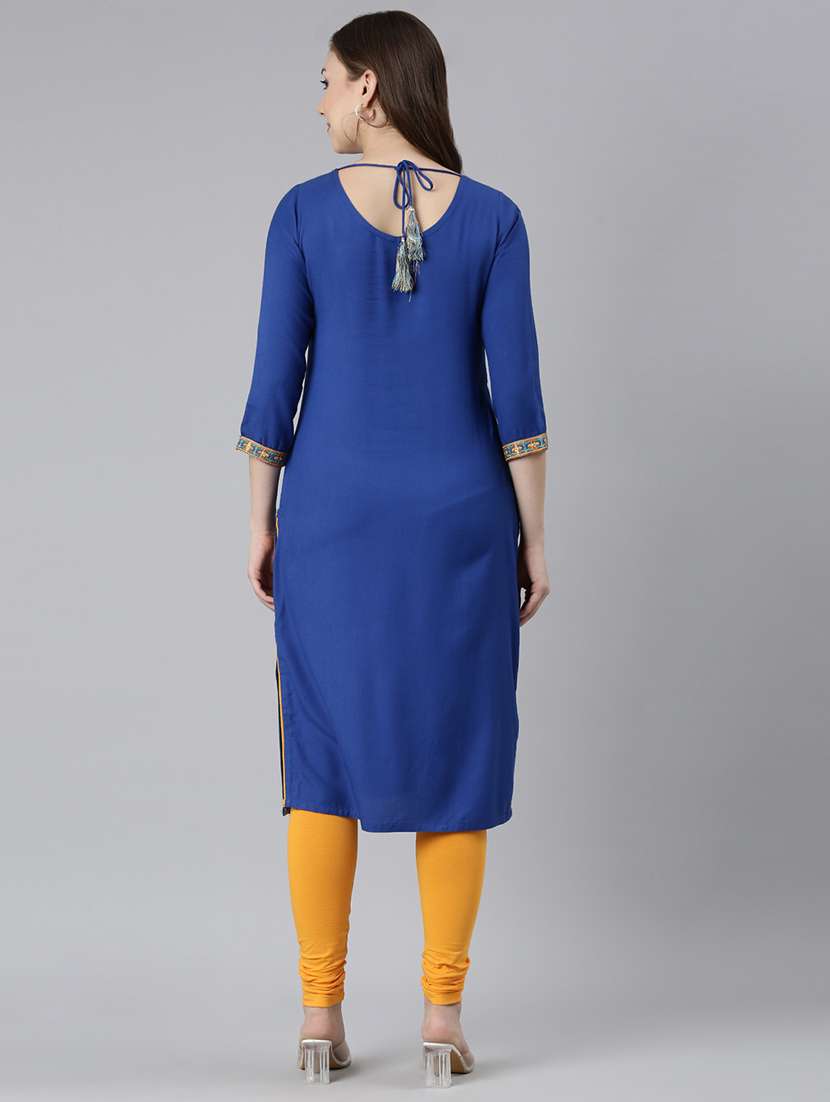 women blue three quarter sleeve straight kurta - 21729764 -  Standard Image - 4