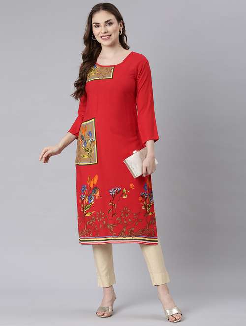 women red three quarter sleeve straight kurta - 21729767 - Standard Image - 0