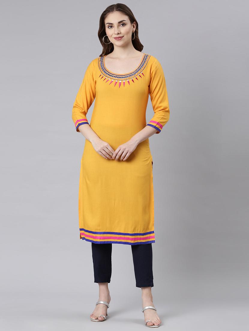 women mustard three quarter sleeve straight kurta - 21729770 -  Standard Image - 1