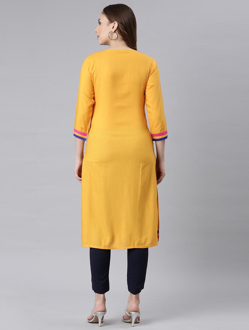 women mustard three quarter sleeve straight kurta - 21729770 - Standard Image - 4