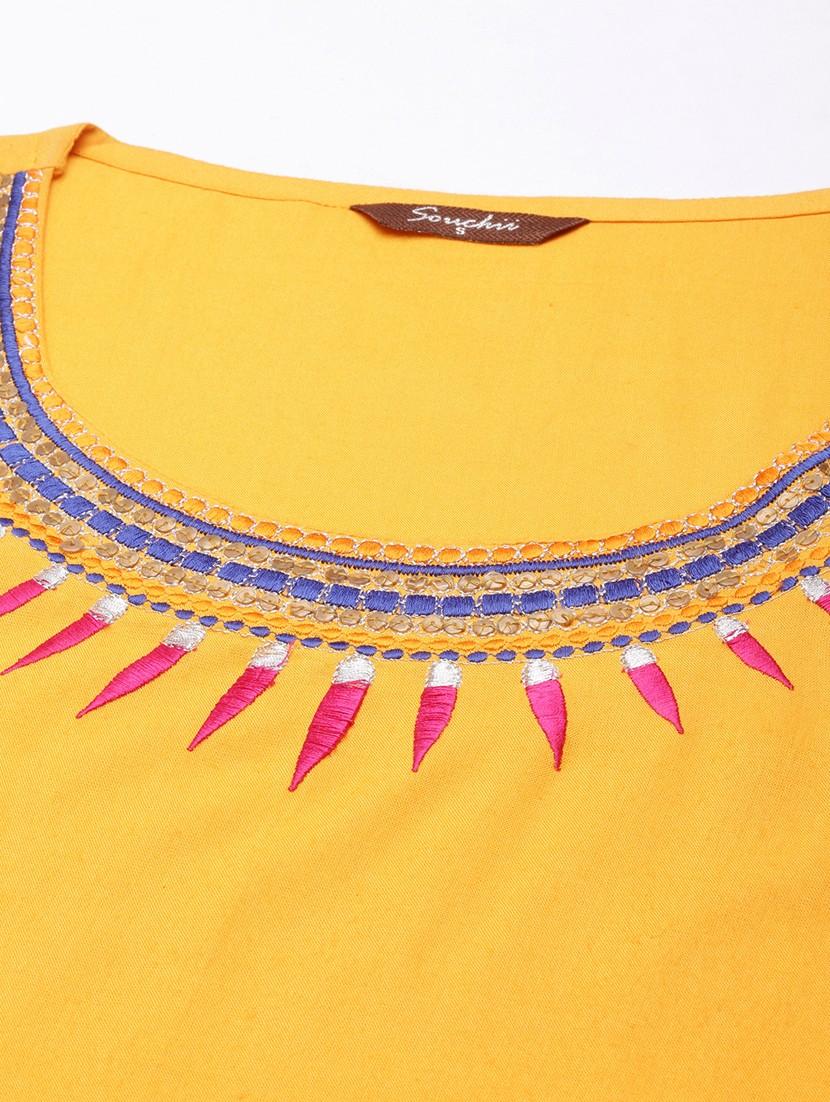 women mustard three quarter sleeve straight kurta - 21729770 - Standard Image - 6