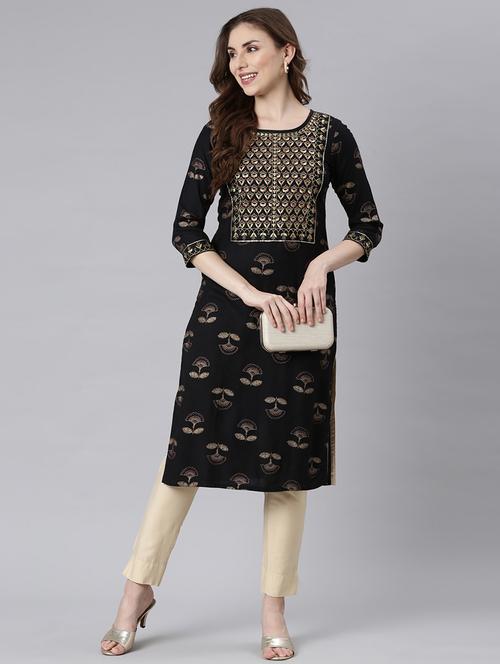 women embroidered three quarter sleeve straight kurta - 21729771 - Standard Image - 0