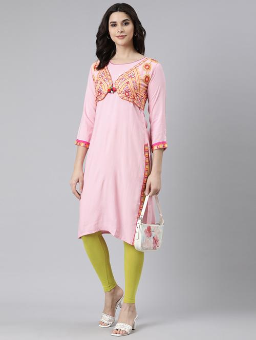 women embroidered three quarter sleeve straight kurta - 21729774 -  Standard Image - 0