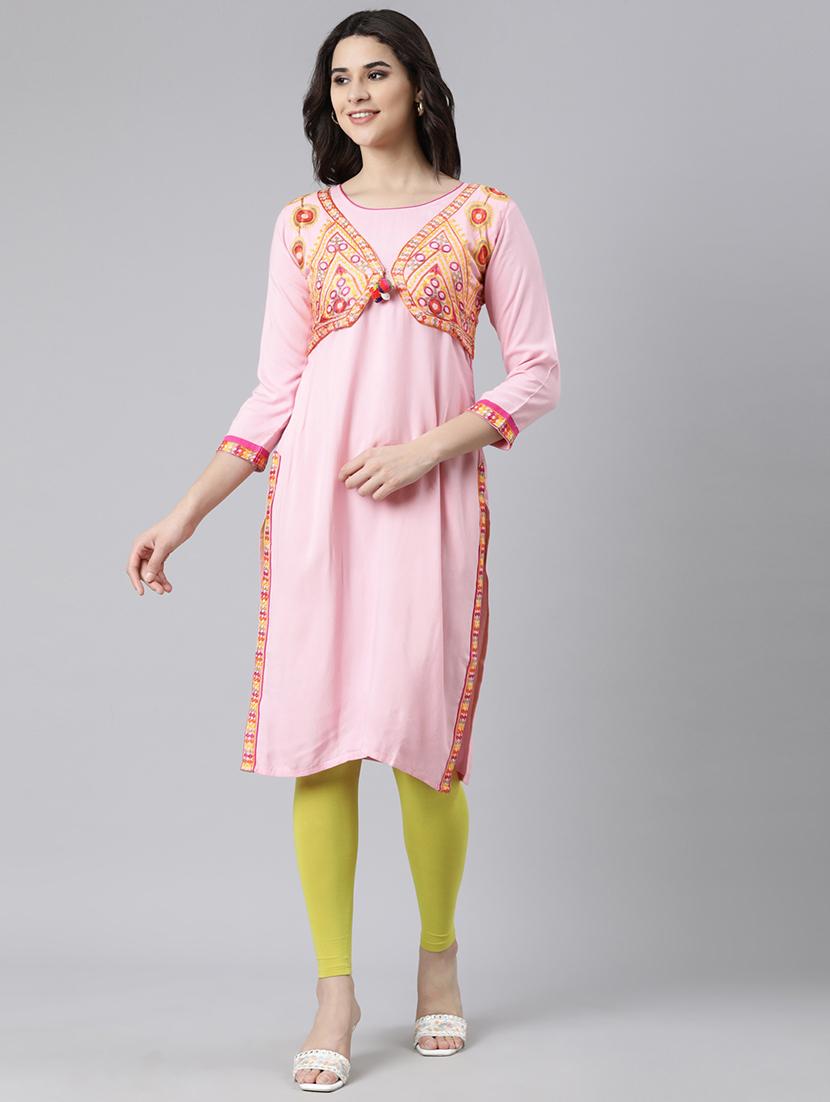 women embroidered three quarter sleeve straight kurta - 21729774 -  Standard Image - 1