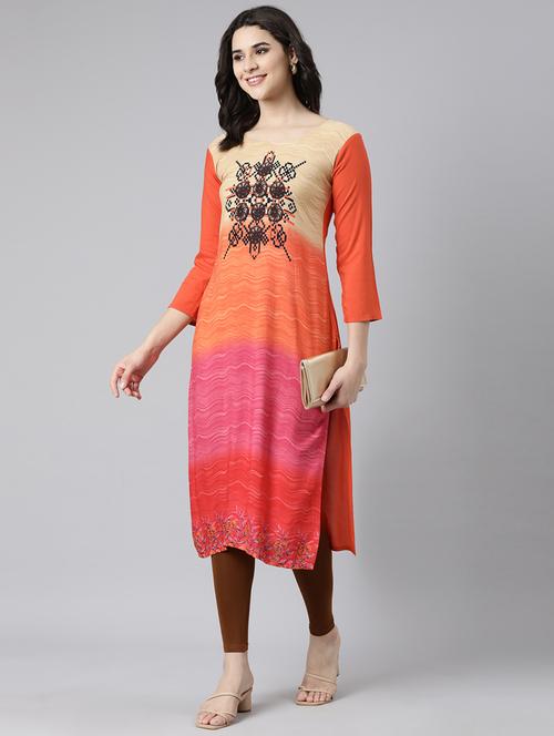 women printed three quarter sleeve straight kurta - 21729776 -  Standard Image - 0