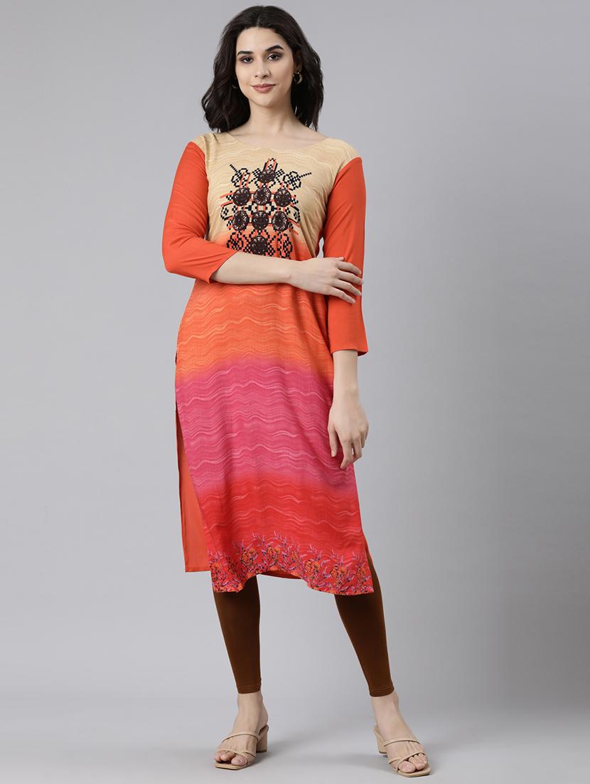 women printed three quarter sleeve straight kurta - 21729776 -  Standard Image - 1