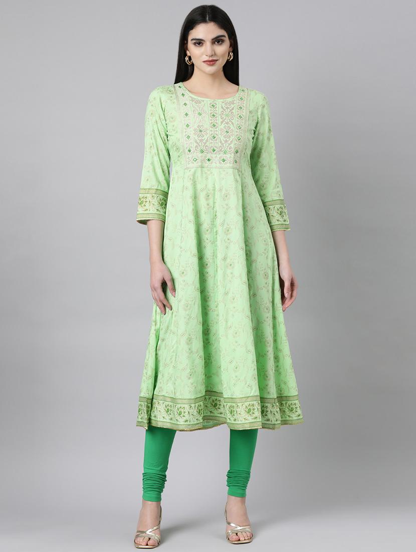 women green three quarter sleeve anarkali kurta - 21729777 -  Standard Image - 1