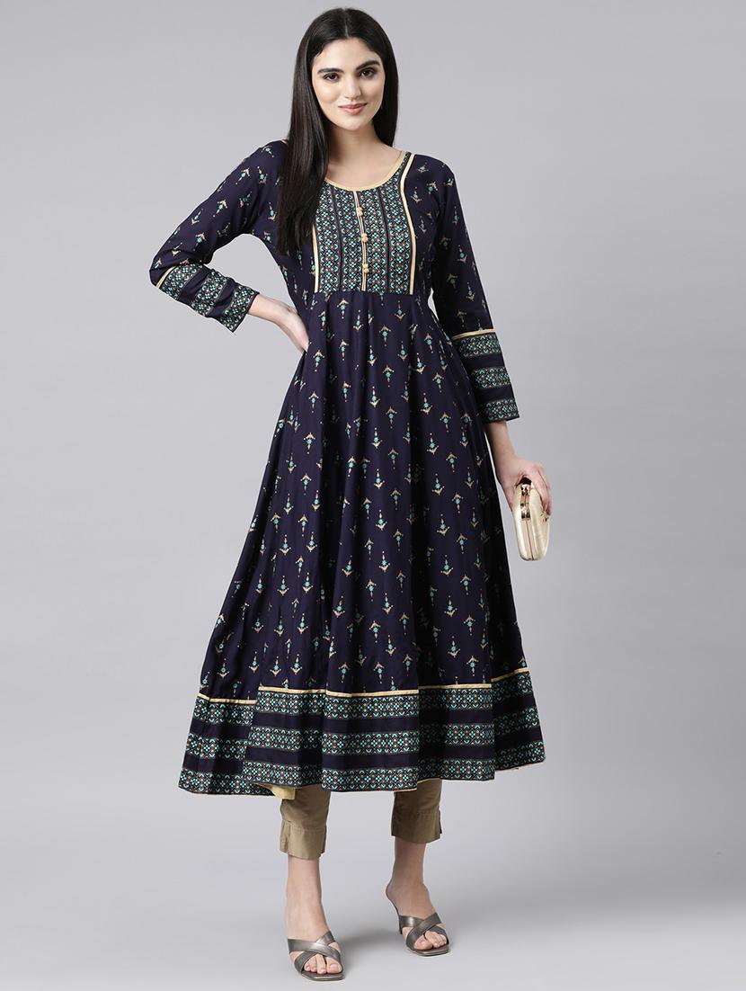 women navy blue printed long sleeve anarkali kurta - 21729778 - Zoom Image - 0