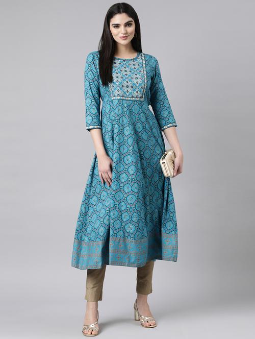 women blue three quarter sleeve anarkali kurta - 21729779 -  Standard Image - 0